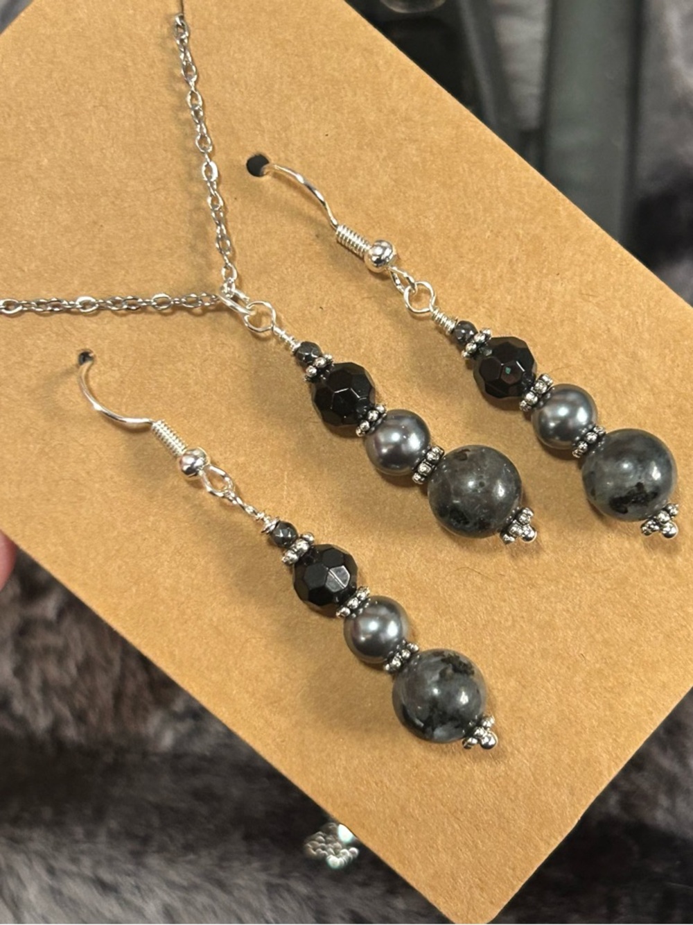 Handcrafted larvikite Czech glass pearl crystal necklace and earring set